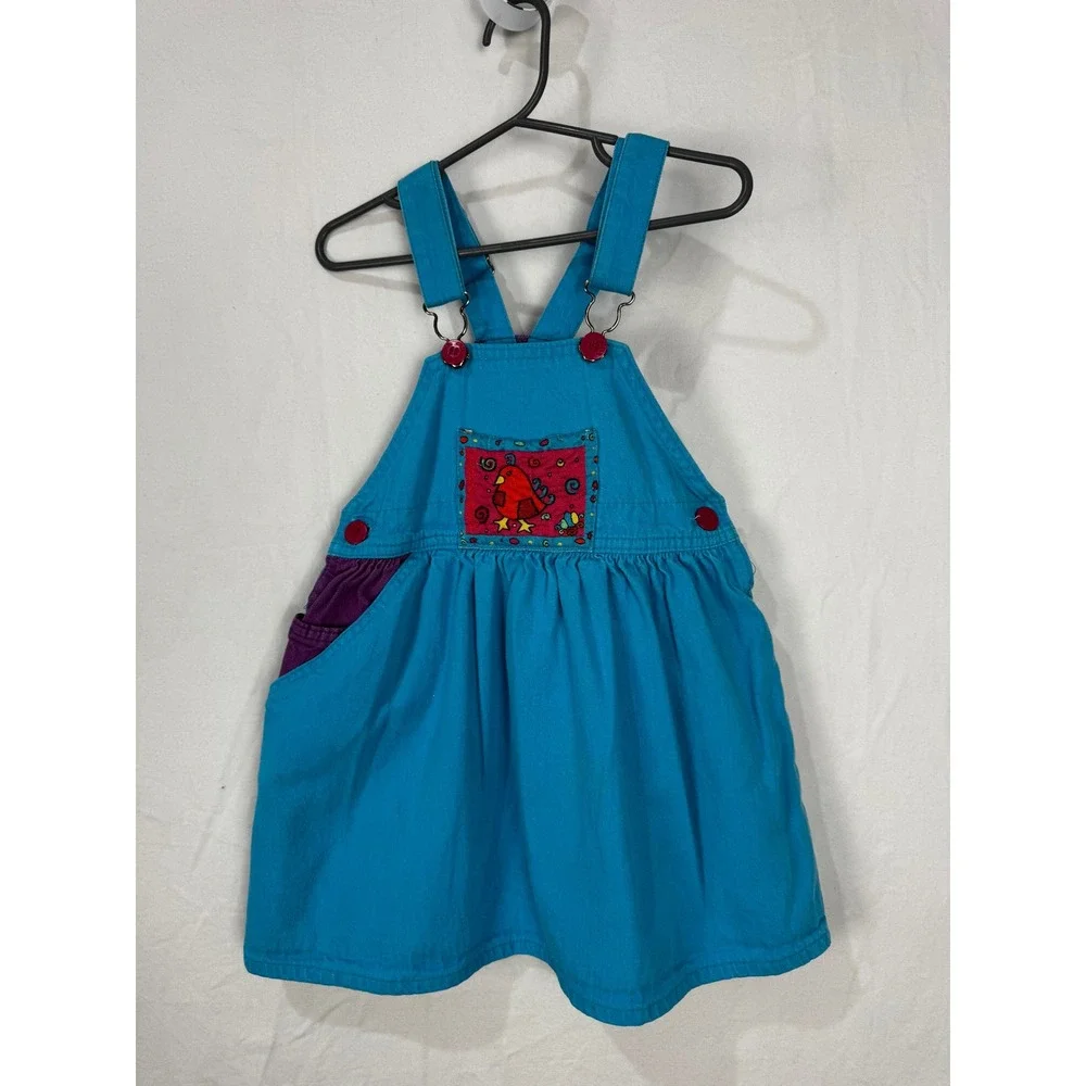 OshKosh B'gosh Vintage 90s Blue Purple Overall Dress Bird Patch Girls Size 5 USA